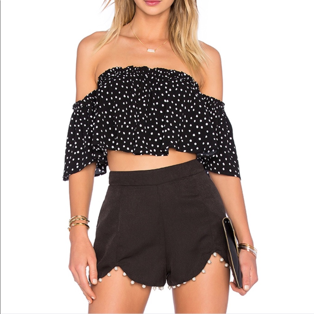 NBD Off-the-shoulder Black Crop Top w Polka Dots